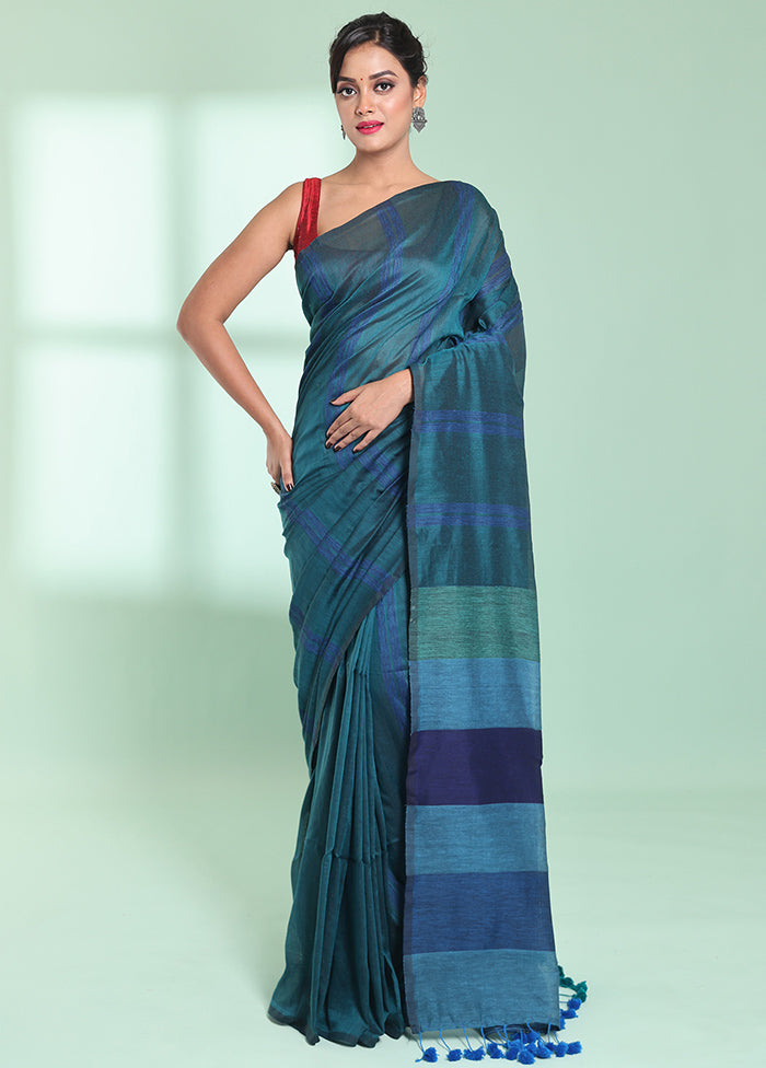 Teal Cotton Saree With Blouse Piece