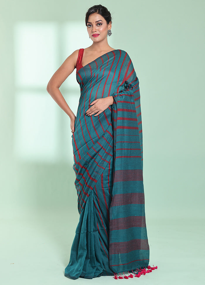 Teal Cotton Saree With Blouse Piece