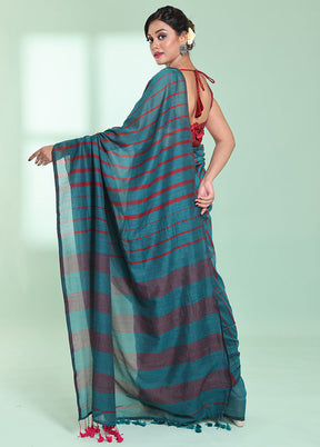 Teal Cotton Saree With Blouse Piece