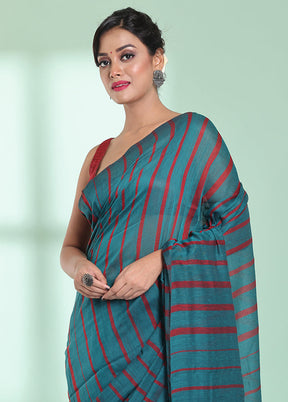 Teal Cotton Saree With Blouse Piece