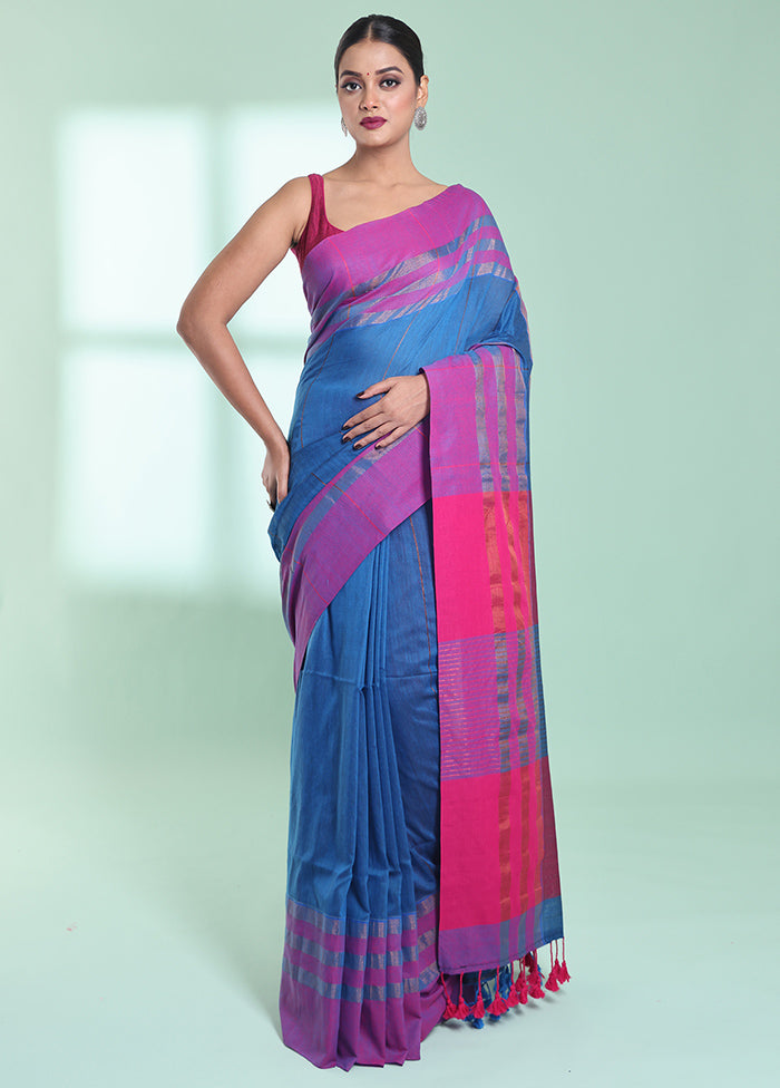 Blue Cotton Saree With Blouse Piece