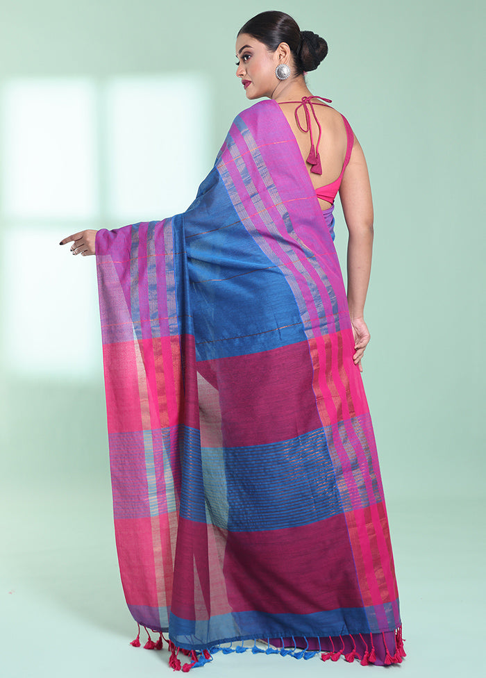 Blue Cotton Saree With Blouse Piece