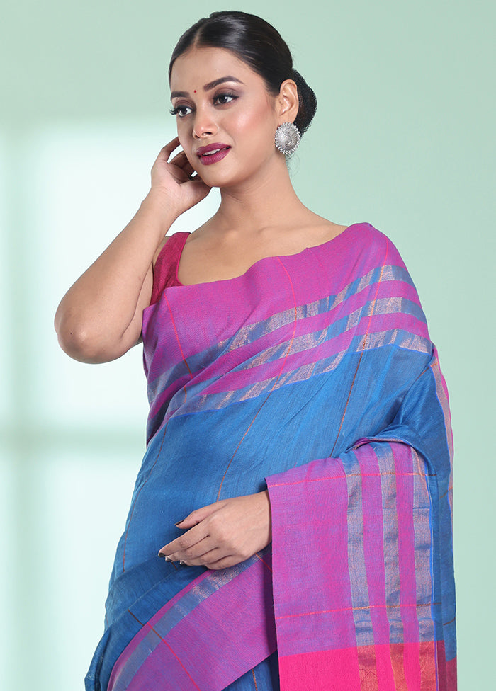 Blue Cotton Saree With Blouse Piece