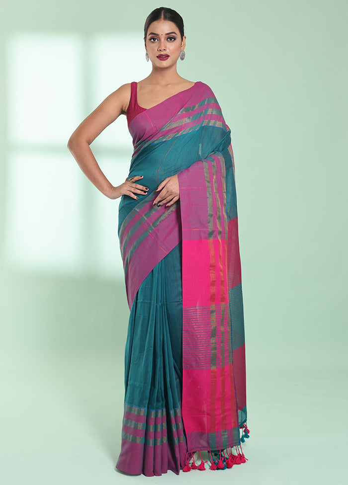 Teal Cotton Saree With Blouse Piece - Indian Silk House Agencies