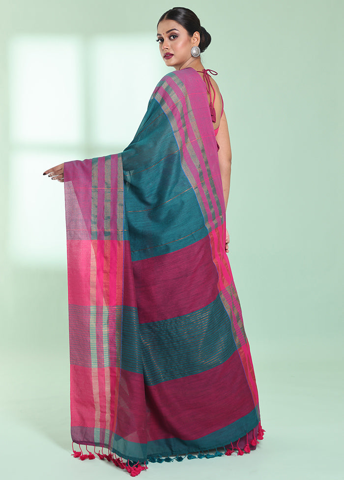 Teal Cotton Saree With Blouse Piece - Indian Silk House Agencies