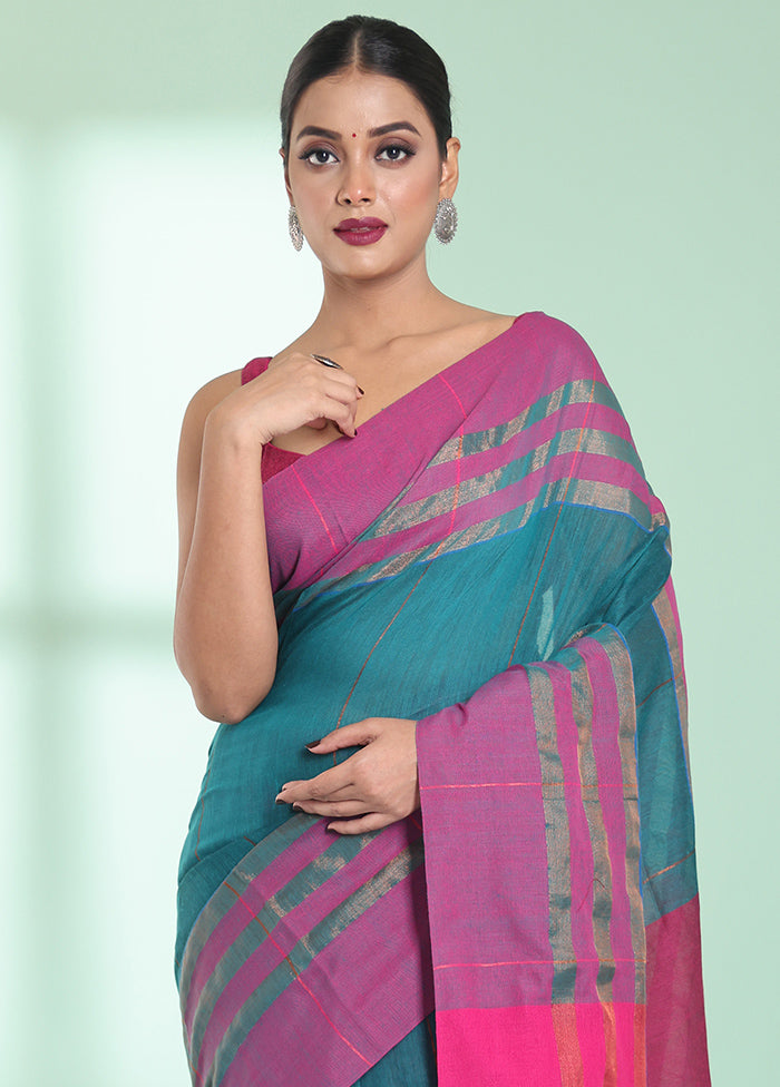 Teal Cotton Saree With Blouse Piece - Indian Silk House Agencies