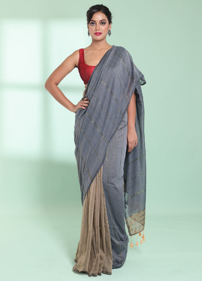 Grey Cotton Saree With Blouse Piece