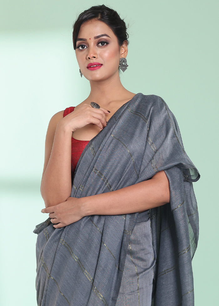 Grey Cotton Saree With Blouse Piece