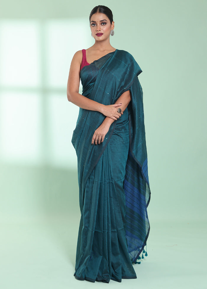 Teal Cotton Saree With Blouse Piece