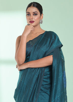 Teal Cotton Saree With Blouse Piece