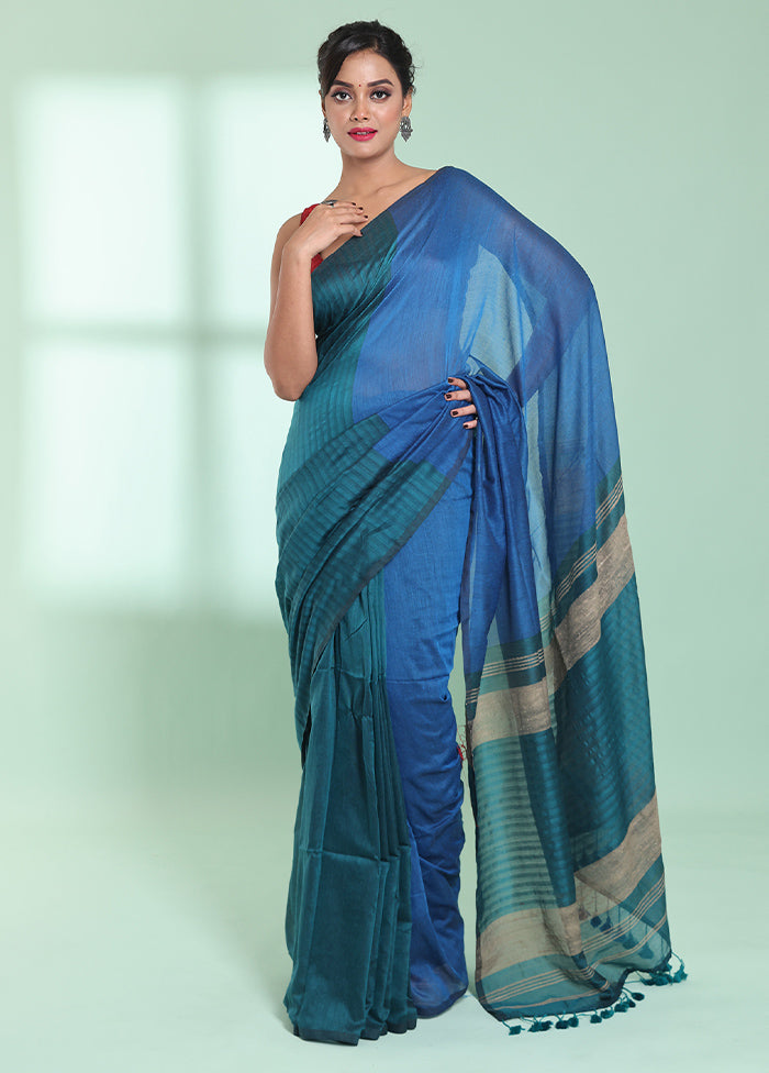 Teal Cotton Saree With Blouse Piece