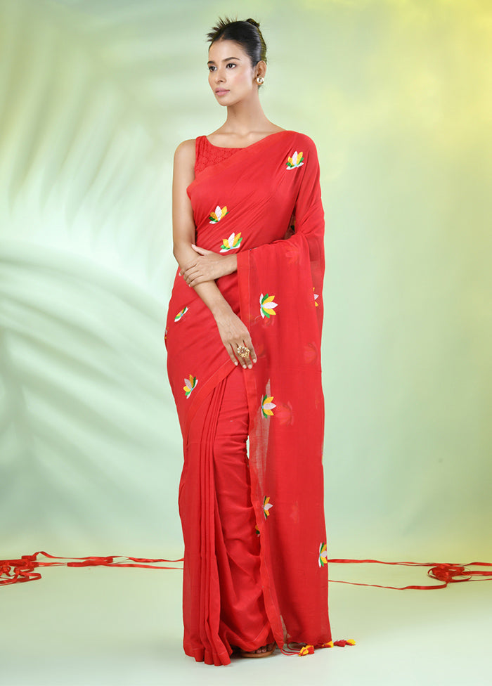 Red Cotton Saree With Blouse Piece