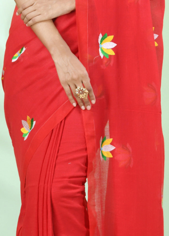 Red Cotton Saree With Blouse Piece