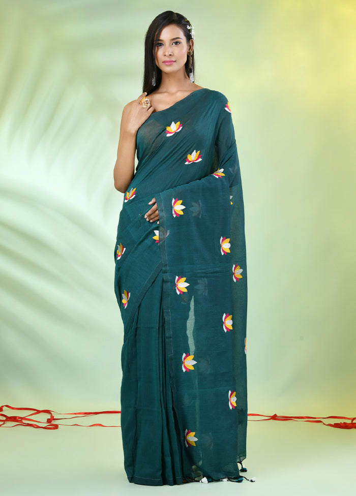 Teal Green Cotton Saree With Blouse Piece