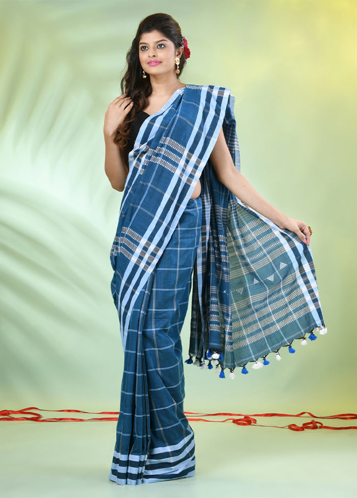 Blue Cotton Saree With Blouse Piece