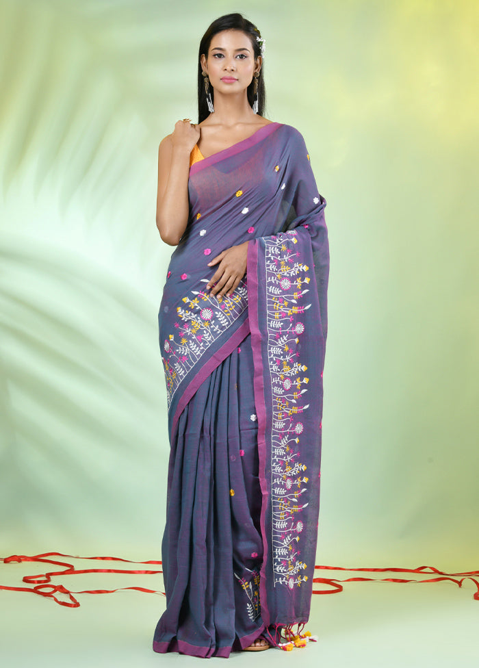 Grey Cotton Saree With Blouse Piece