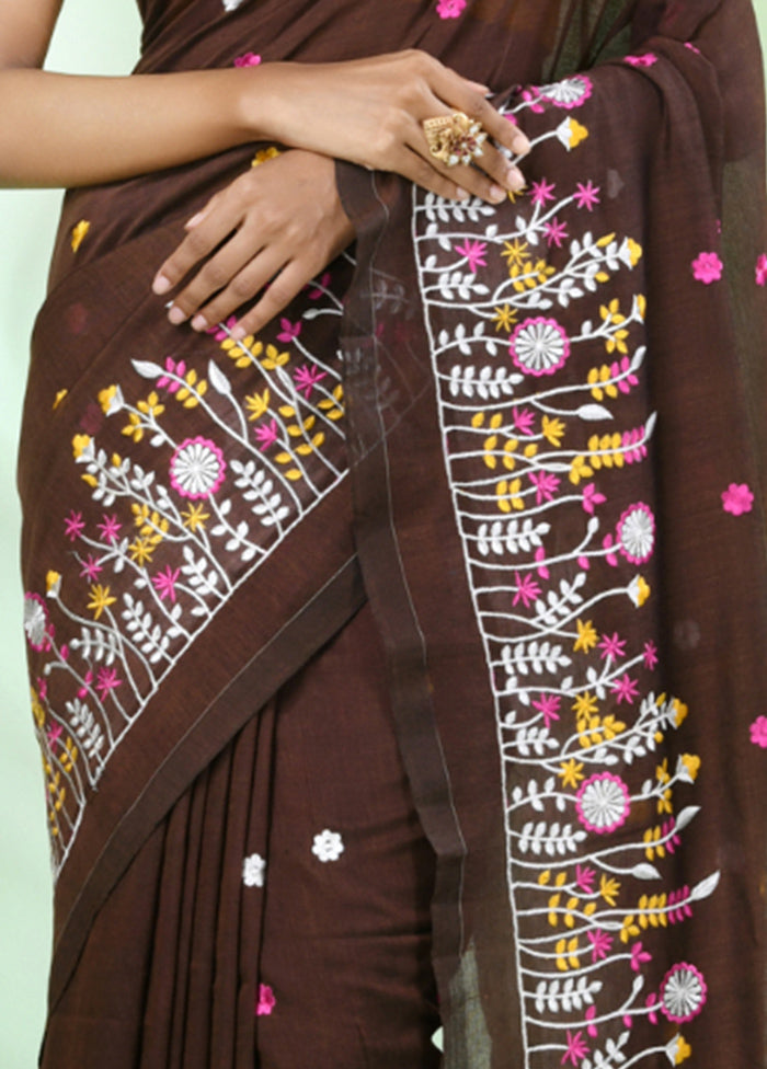 Brown Cotton Saree With Blouse Piece