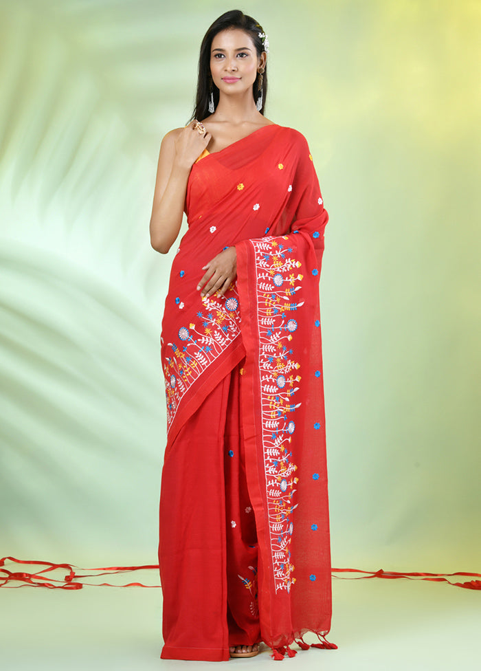 Red Cotton Saree With Blouse Piece