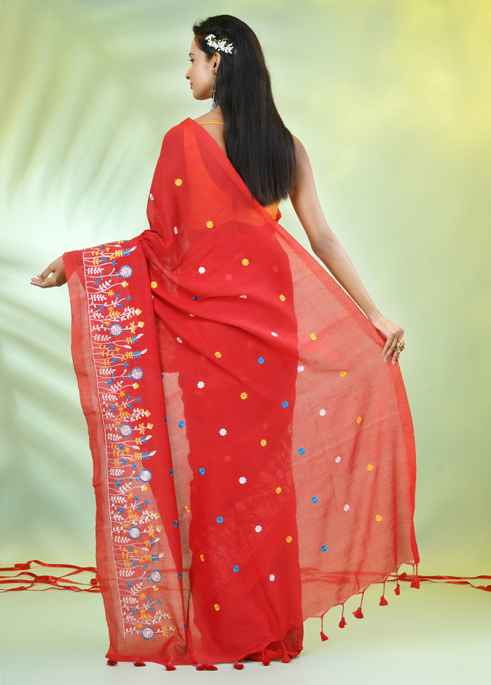 Red Cotton Saree With Blouse Piece