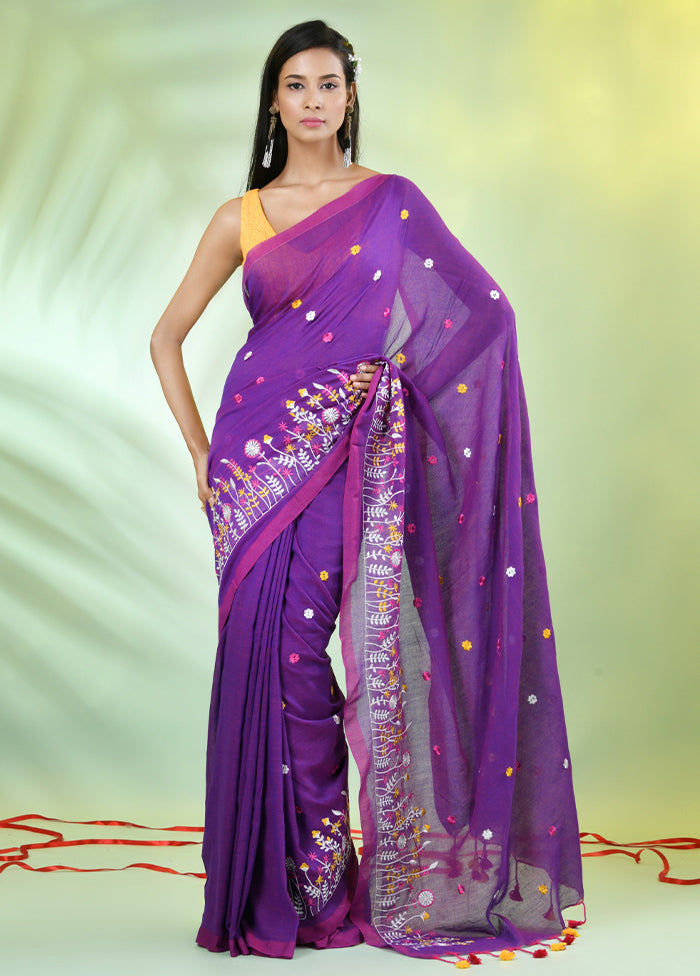 Violet Cotton Saree With Blouse Piece