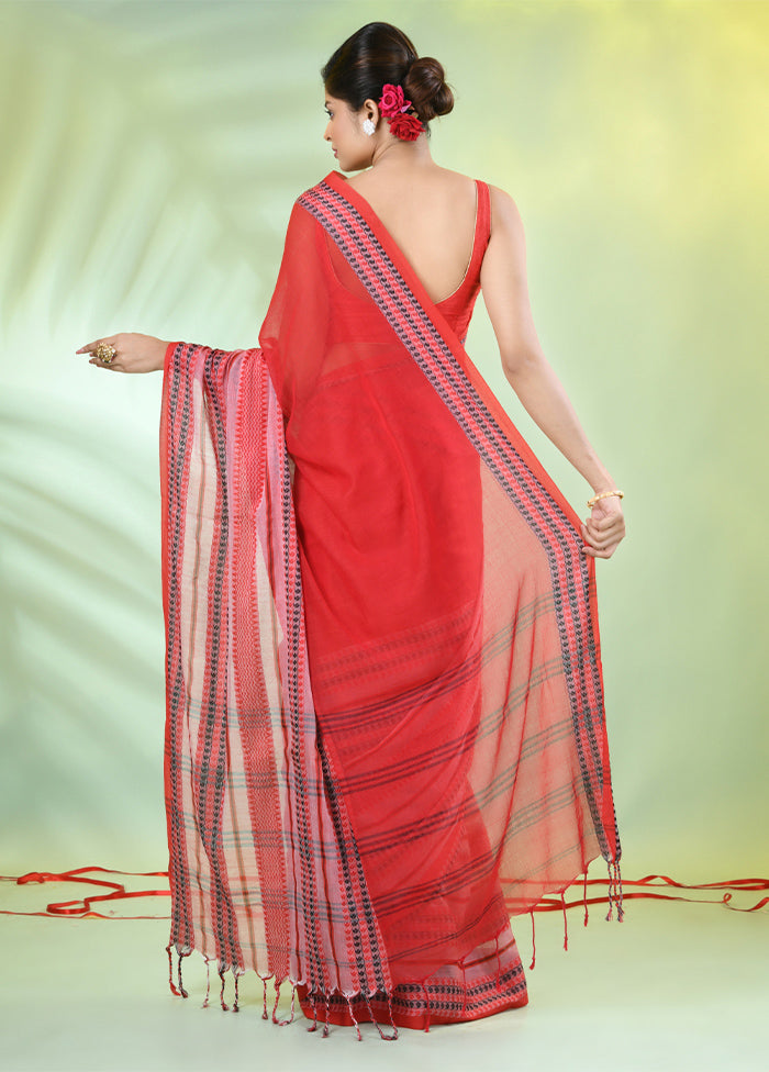 Red Cotton Saree With Blouse Piece