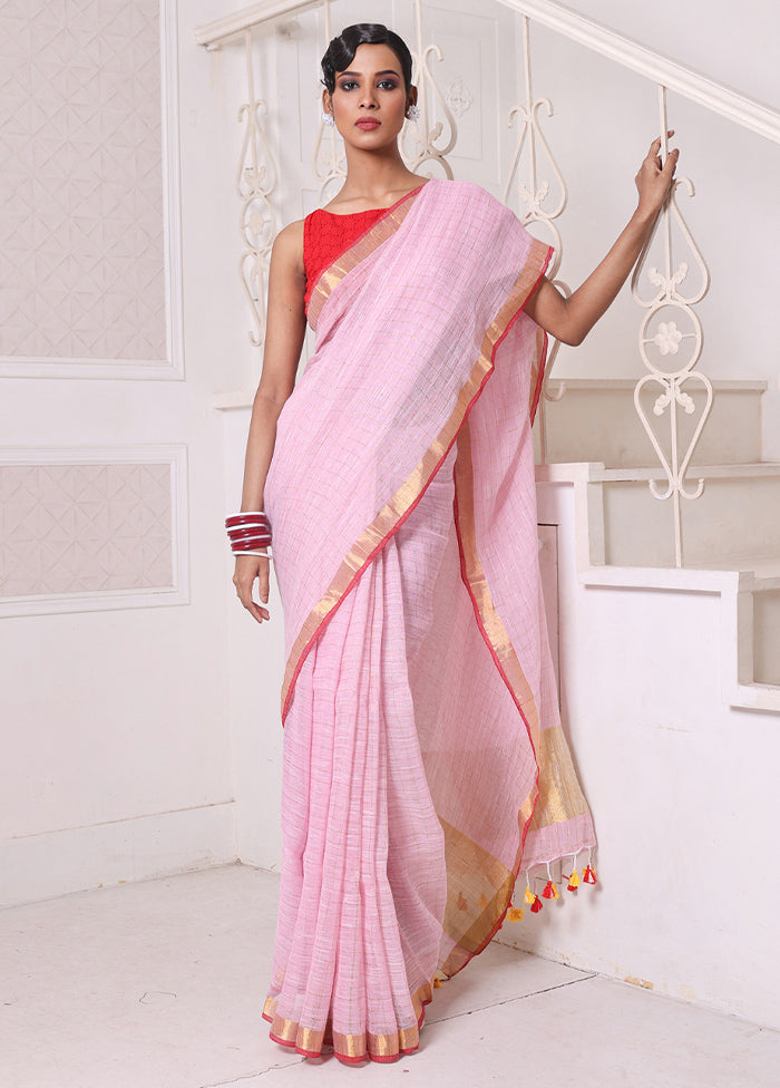 Pink Linen Silk Saree With Blouse Piece