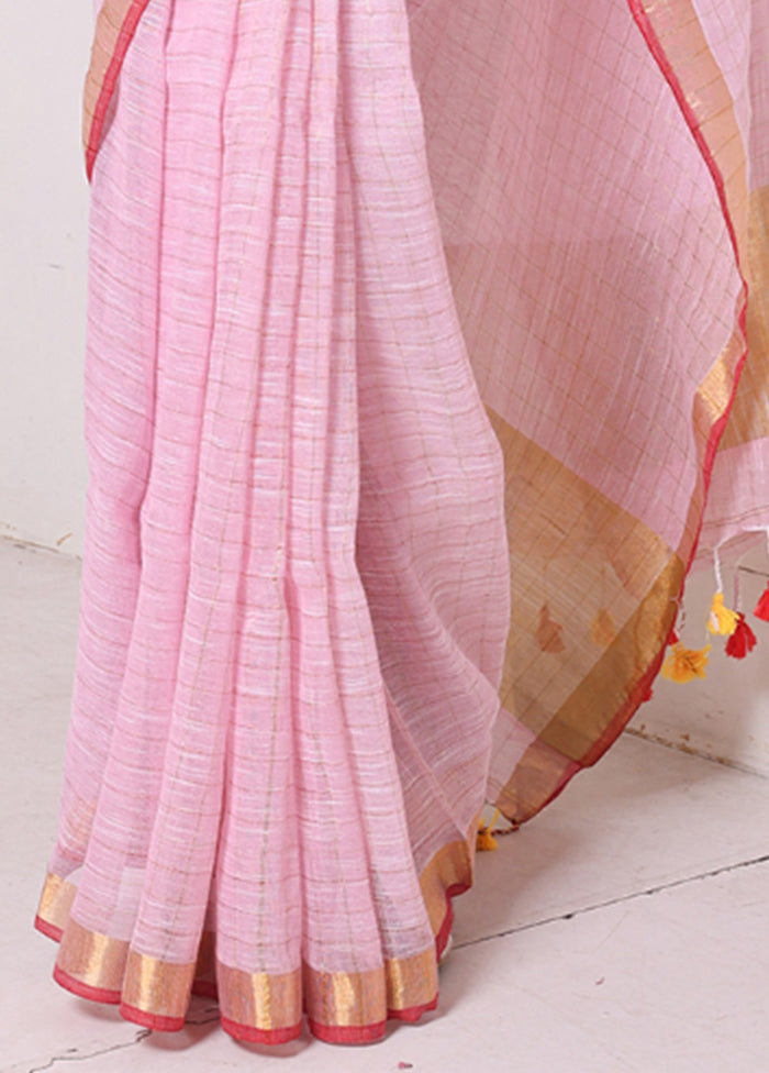 Pink Linen Silk Saree With Blouse Piece