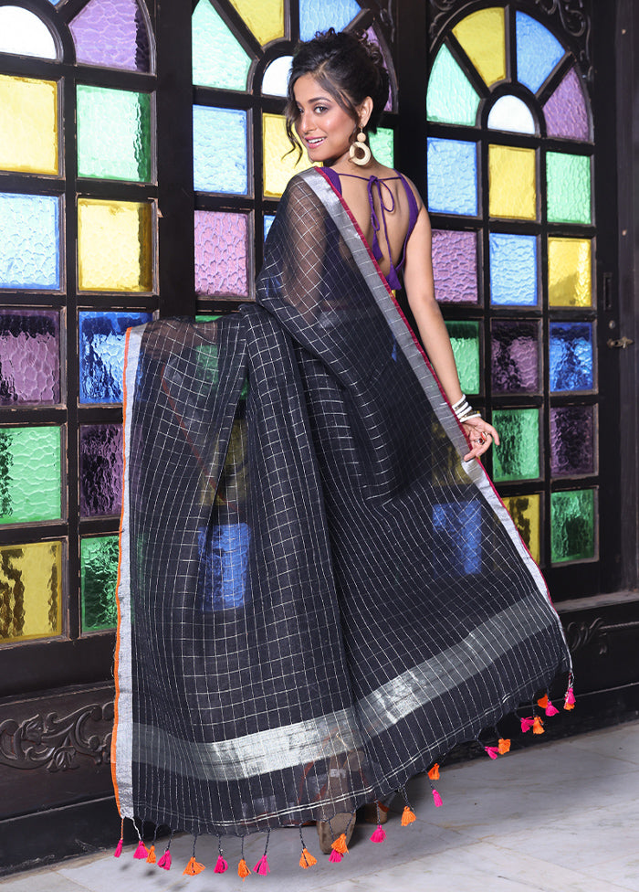 Black Linen Silk Saree With Blouse Piece