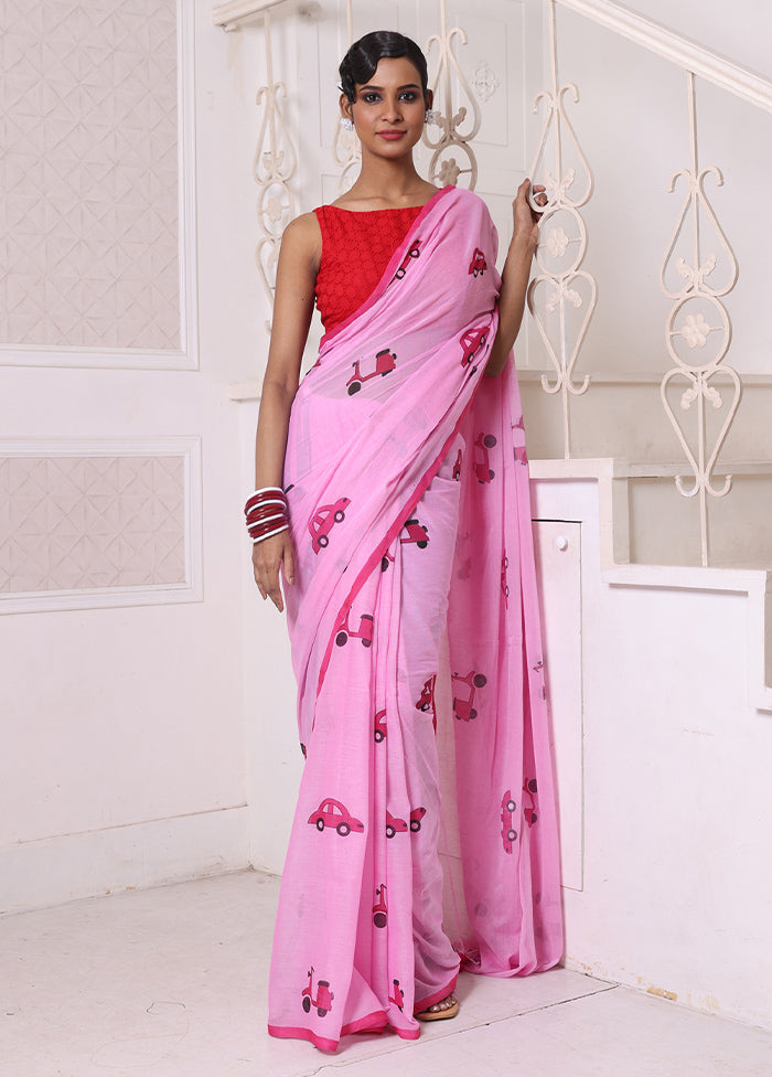 Pink Cotton Uber Print Saree Without Blouse Piece