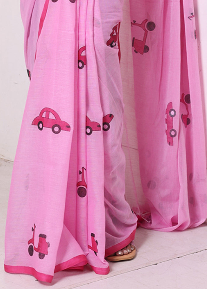 Pink Cotton Uber Print Saree Without Blouse Piece