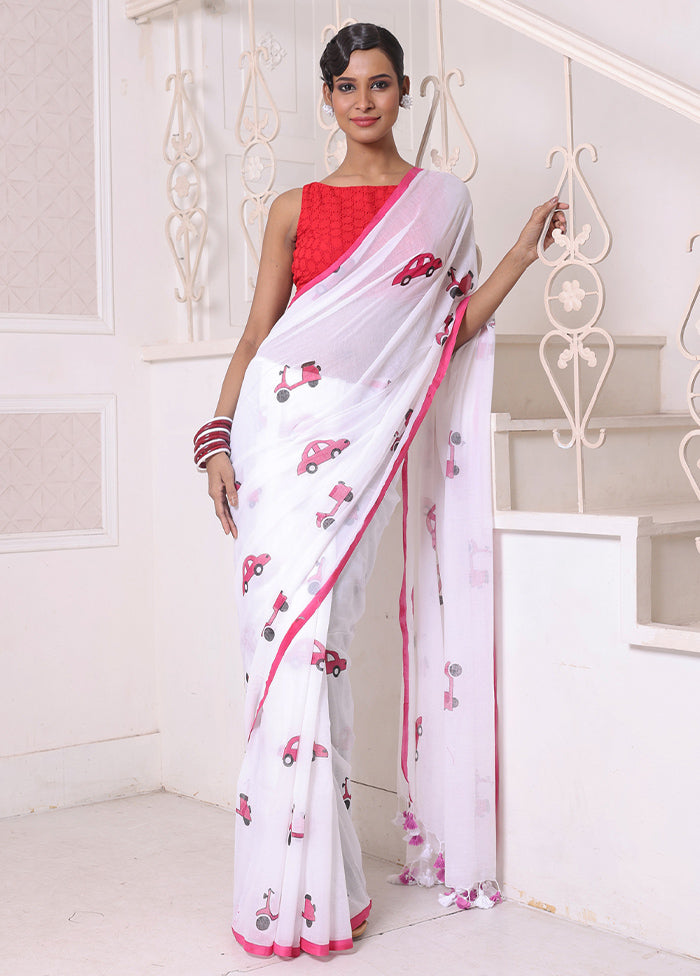 White Cotton Uber Print Saree Without Blouse Piece