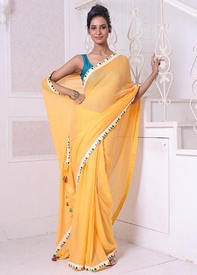 Yellow Cotton Solid Saree Without Blouse Piece