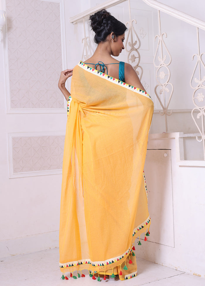 Yellow Cotton Solid Saree Without Blouse Piece