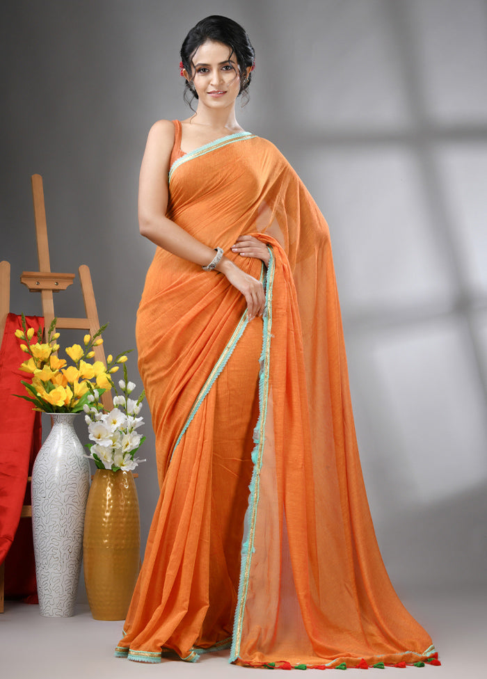 Orange Cotton Solid Saree Without Blouse Piece