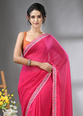 Pink Cotton Solid Saree Without Blouse Piece