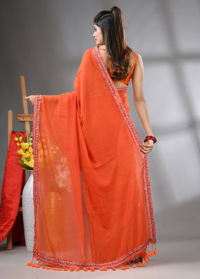 Orange Cotton Solid Saree Without Blouse Piece