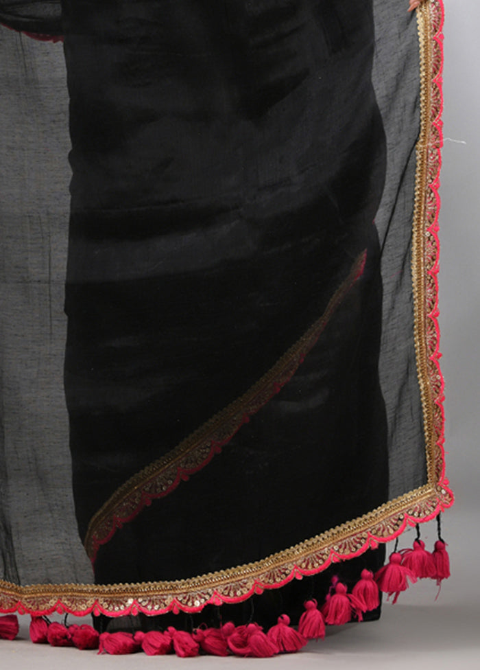 Black Spun Silk Saree With Blouse Piece