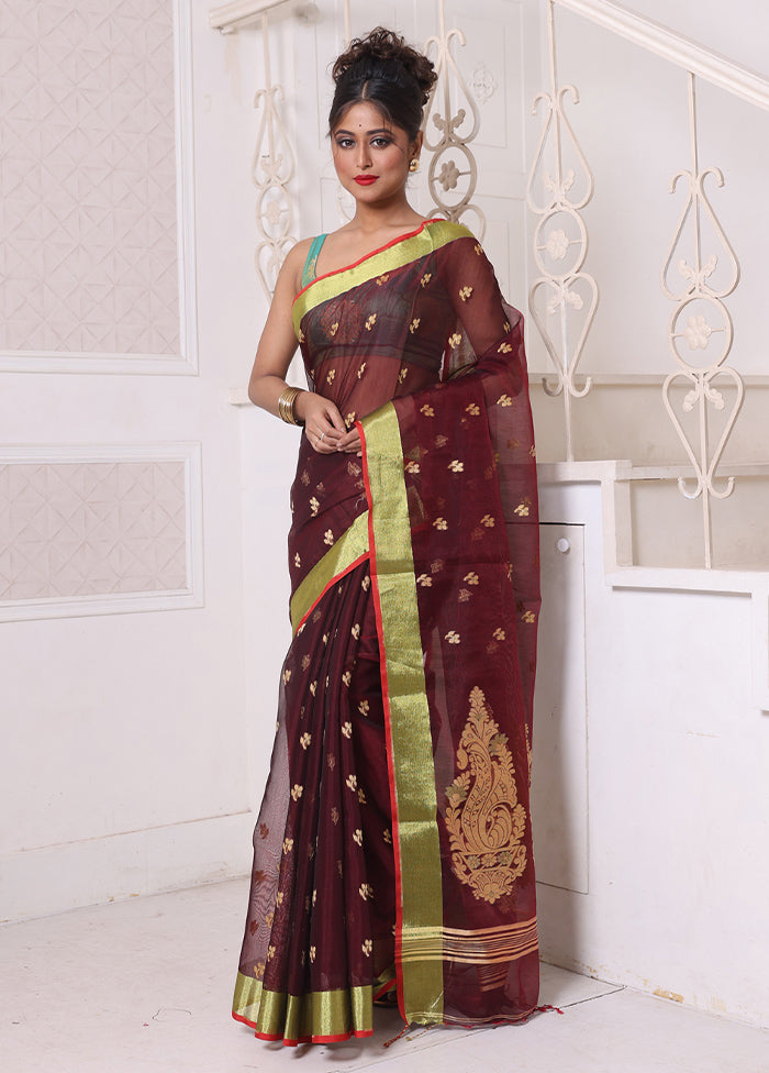 Maroon Pure Cotton Saree With Blouse Piece