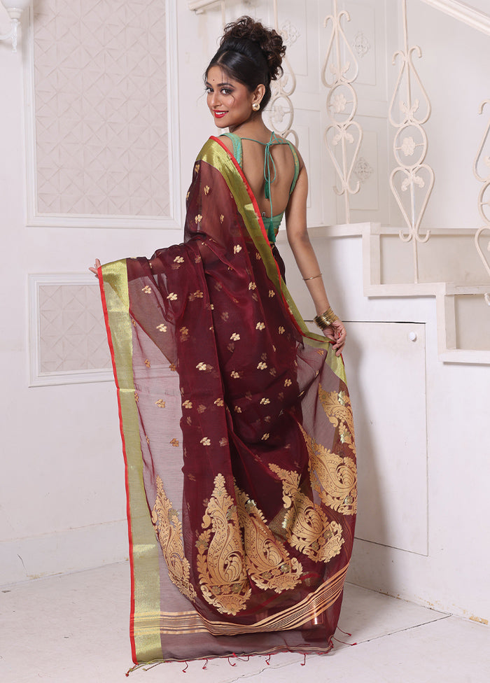 Maroon Pure Cotton Saree With Blouse Piece