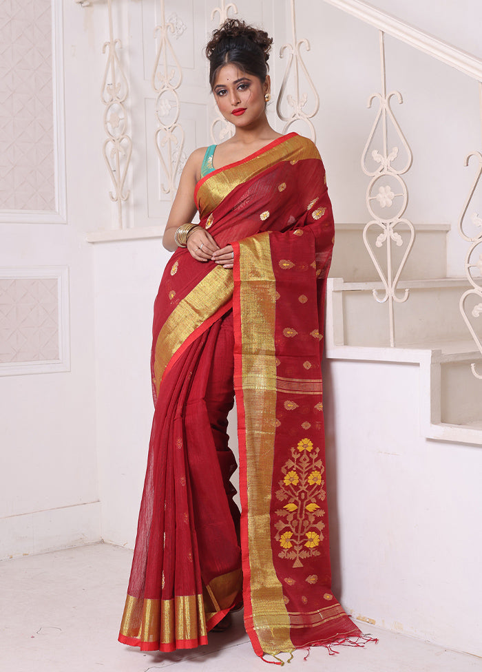 Maroon Pure Cotton Saree With Blouse Piece