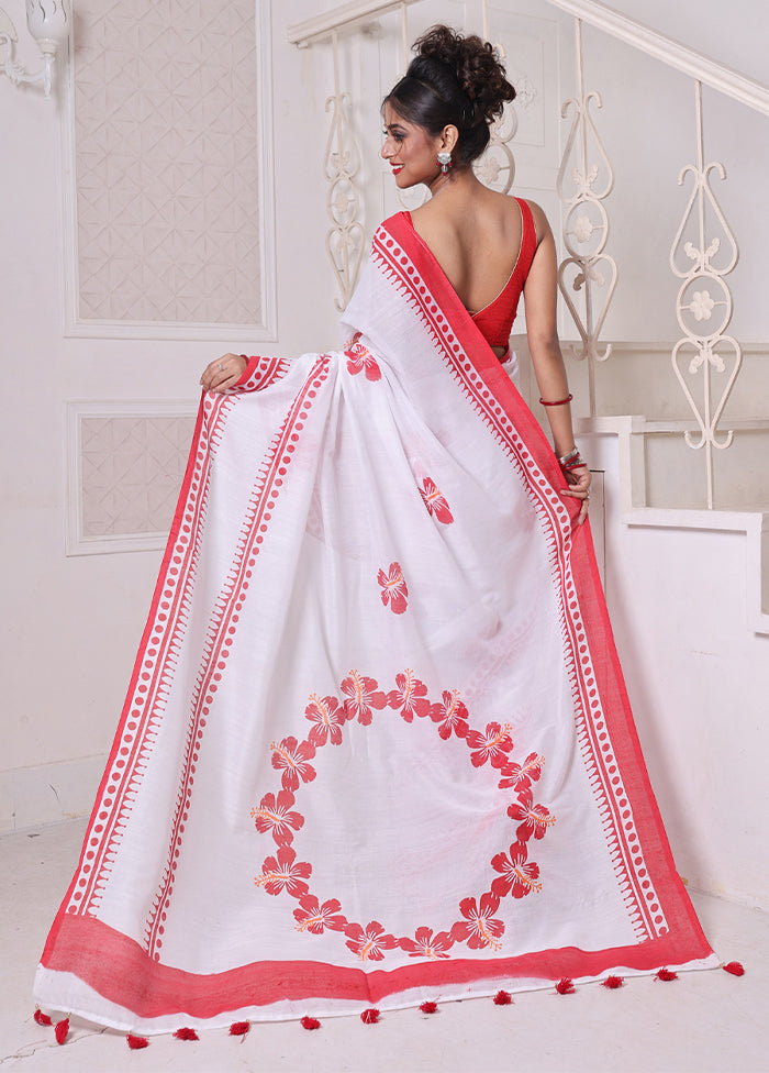 White Cotton Hibiscus Print Saree Without Blouse Piece