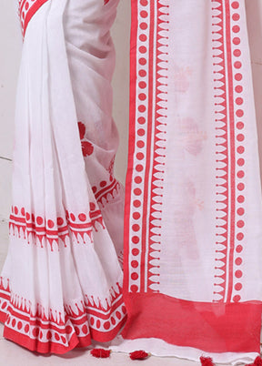 White Cotton Hibiscus Print Saree Without Blouse Piece