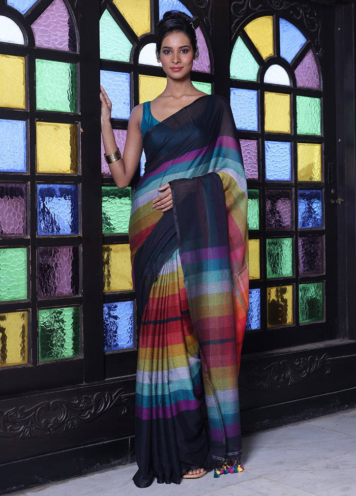 Black Cotton Colorblock Saree Without Blouse Piece