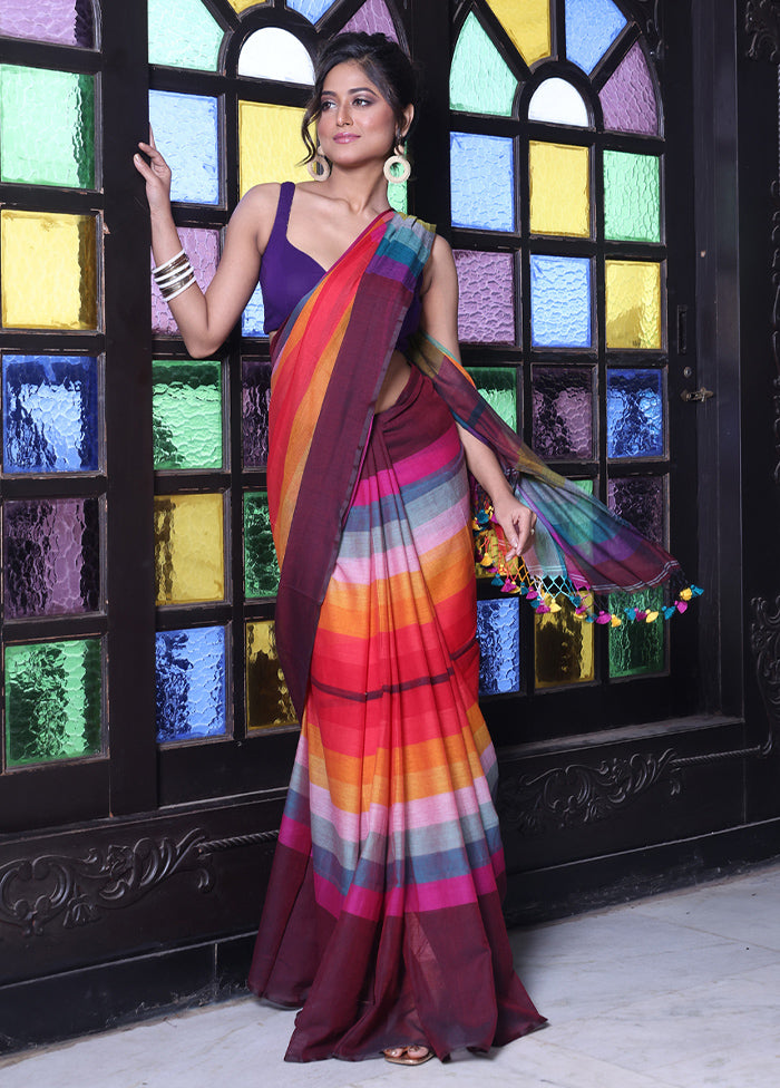 Maroon Cotton Colorblock Saree Without Blouse Piece