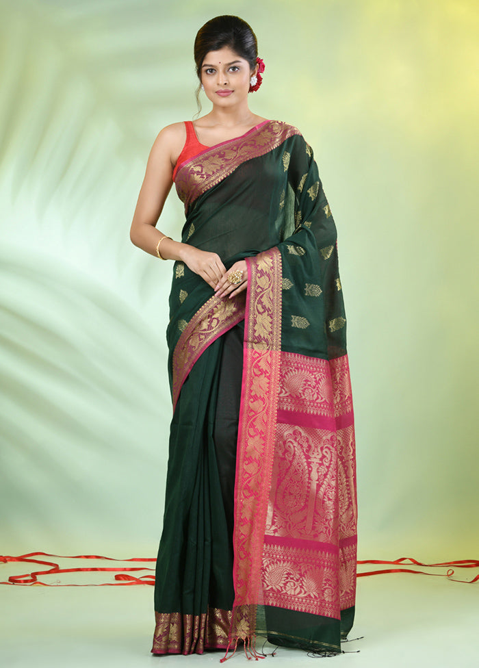 Bottle Green Pure Cotton Saree With Blouse Piece