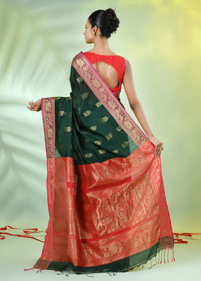 Bottle Green Pure Cotton Saree With Blouse Piece