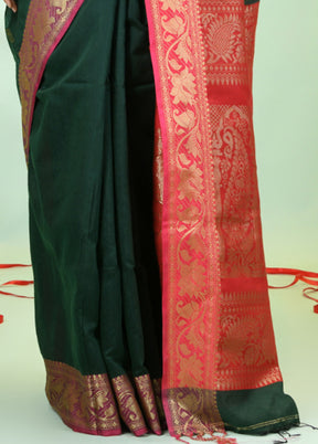 Bottle Green Pure Cotton Saree With Blouse Piece