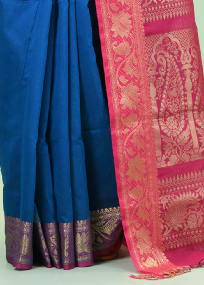 Blue Pure Cotton Saree With Blouse Piece