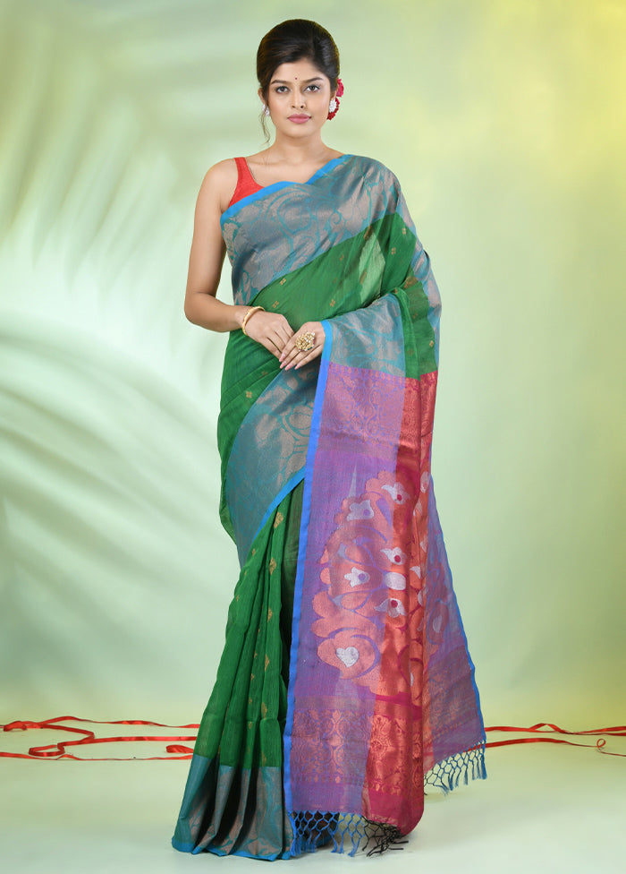 Green Pure Cotton Saree With Blouse Piece