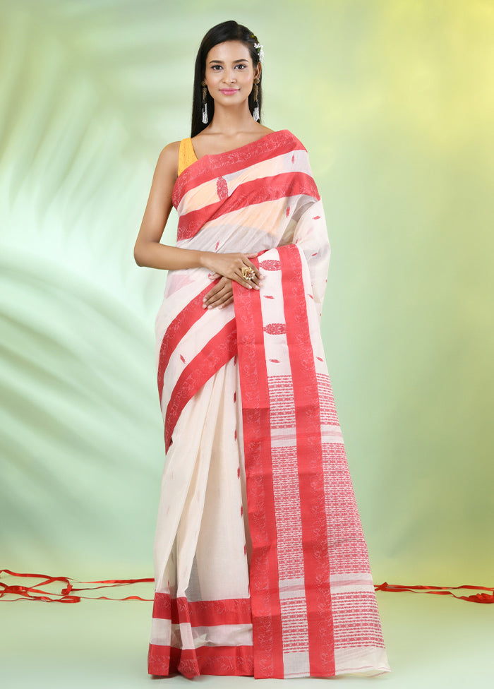 Off White Pure Cotton Foilage Woven Saree Without Blouse Piece